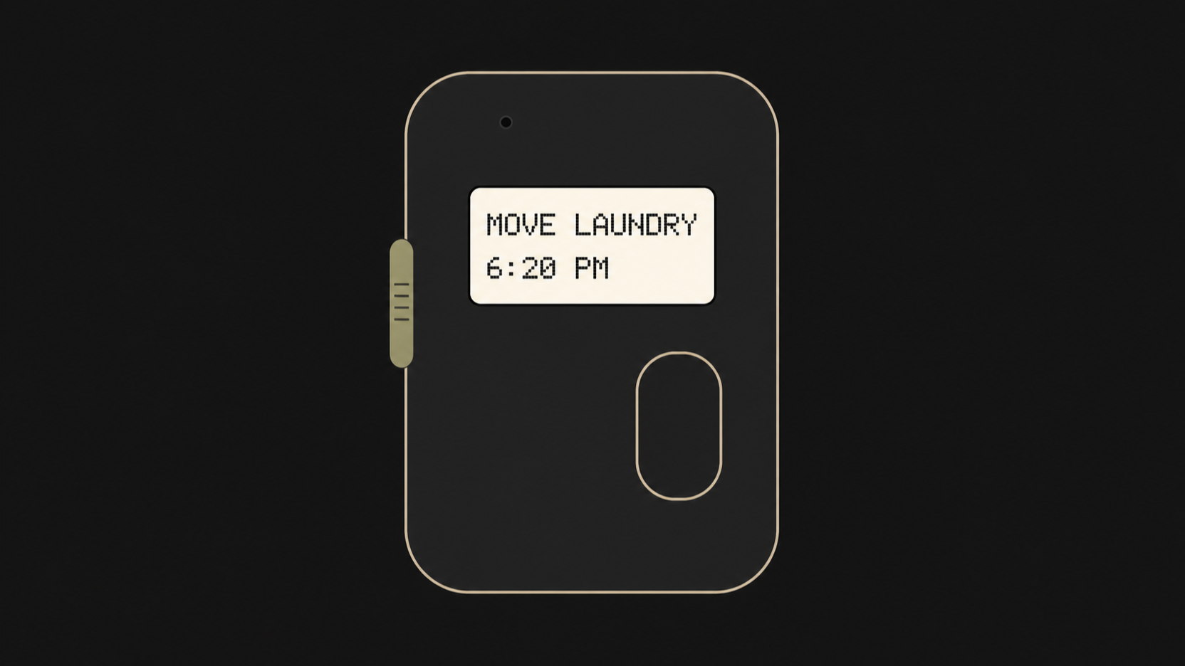 Flat front-elevation illustration of a Re-Mind reminder device showing MOVE LAUNDRY at 6:20 PM