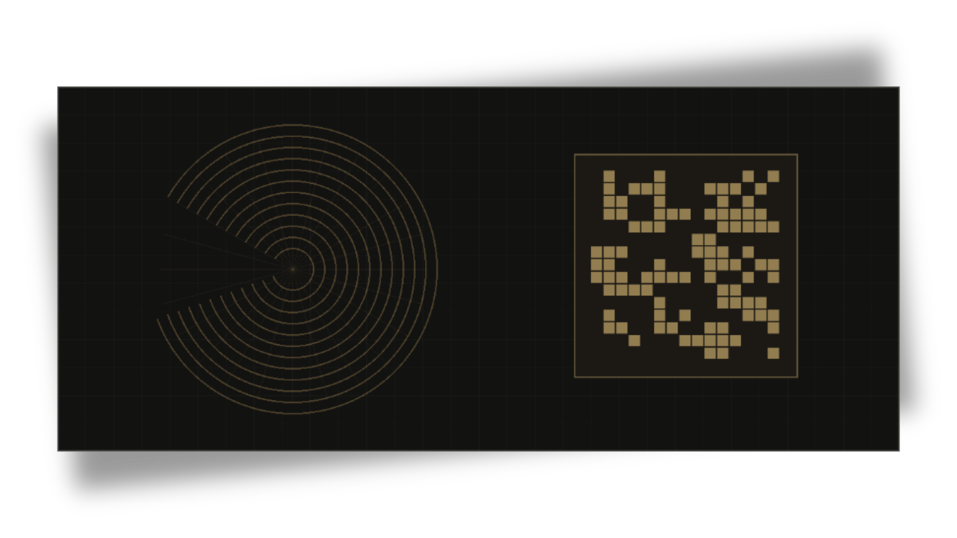 Sound on Paper — black card with gold concentric circles and QR code on a sandy surface
