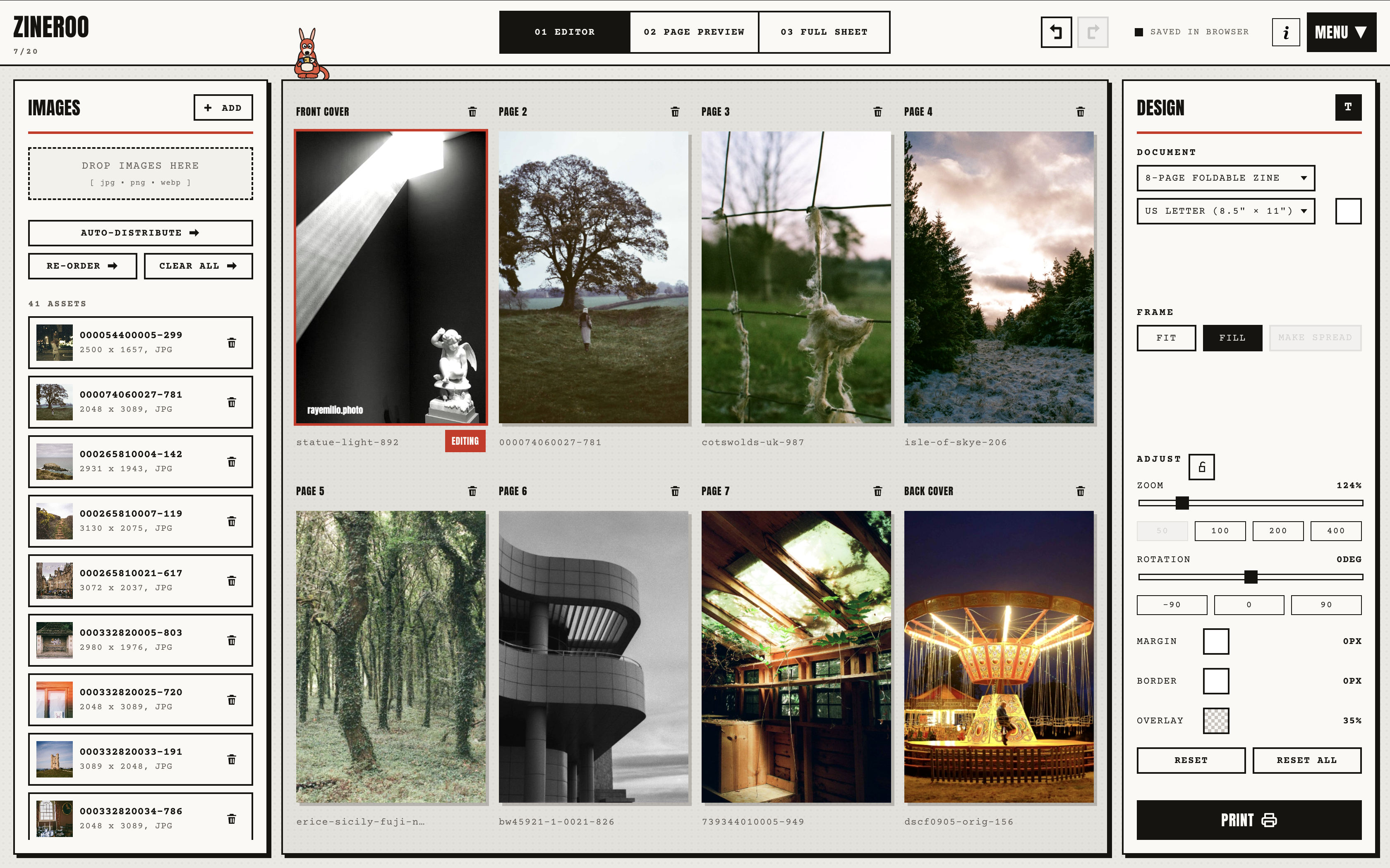 Zineroo editor with image tray, imposition sheet preview, and design controls