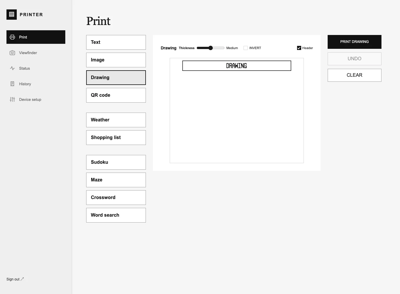 Printer web interface with printable modules beside a paper preview and drawing controls